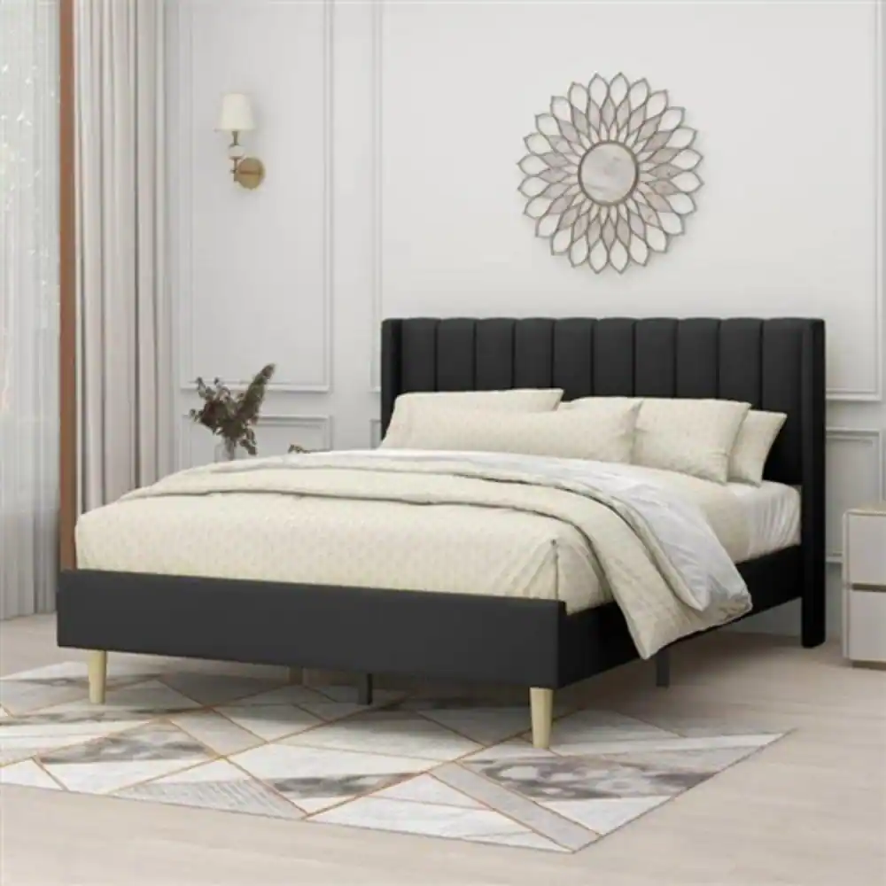 Angle. Hivvago - Queen size Mid-Century Black Linen Platform Bed Frame with Upholstered Headboard - Black.