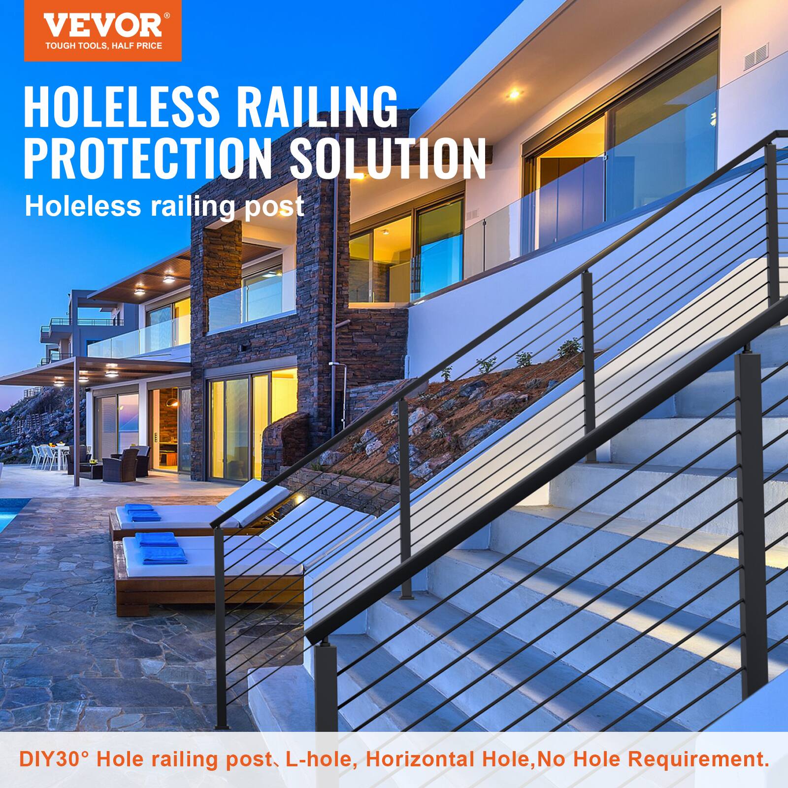 VEVOR TOUGH TOOLS, HALF PRICE

HOLELESS RAILING PROTECTION SOLUTION

Holeless railing post

DIY30° Hole railing post, L-hole, Horizontal Hole, No Hole Requirement.