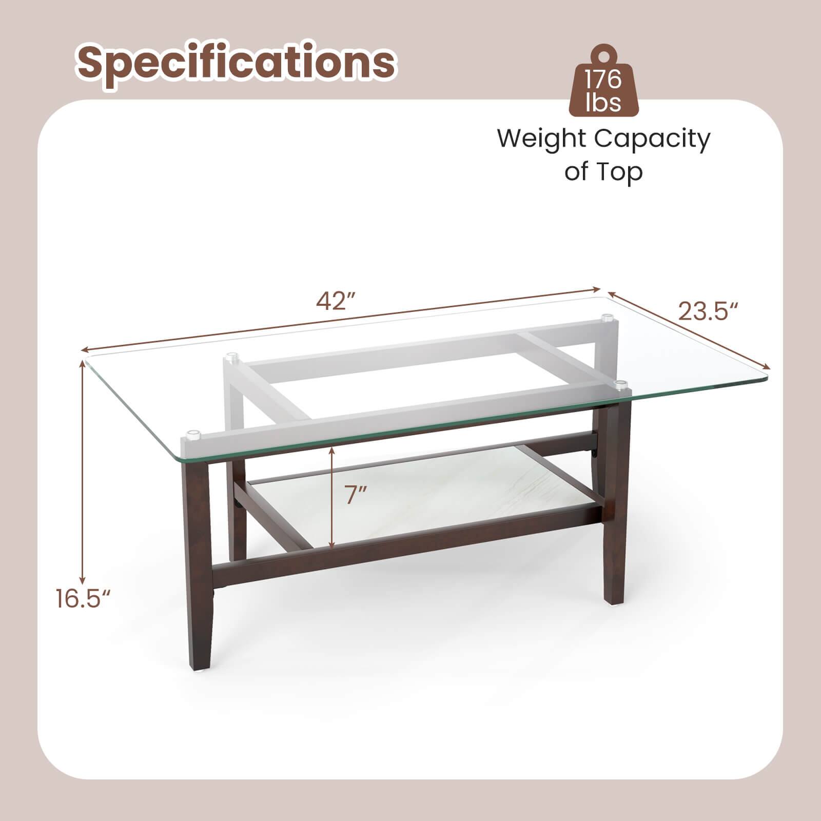 Specifications  
Weight Capacity of Top: 176 lbs  
Dimensions:  
- Length: 42"  
- Width: 23.5"  
- Height: 16.5"  
- Shelf Height: 7"