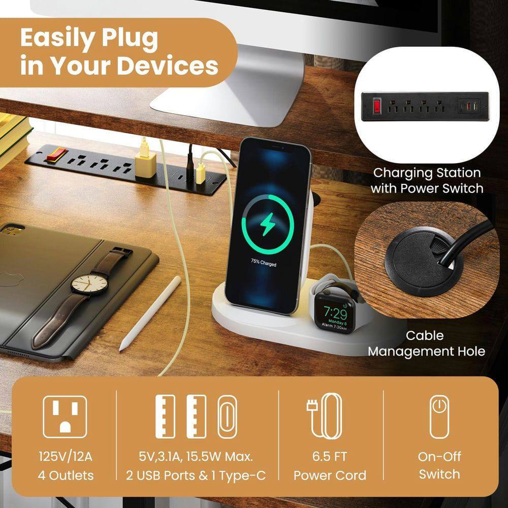 Easily Plug in Your Devices

Charging Station with Power Switch

75% Charged 7:29 Alat Mondar

Cable Management Hole

125V/12A 4 Outlets

5V, 3.1A, 15.5W Max. 2 USB Ports & 1 Type-C

6.5 FT Power Cord

On-Off Switch