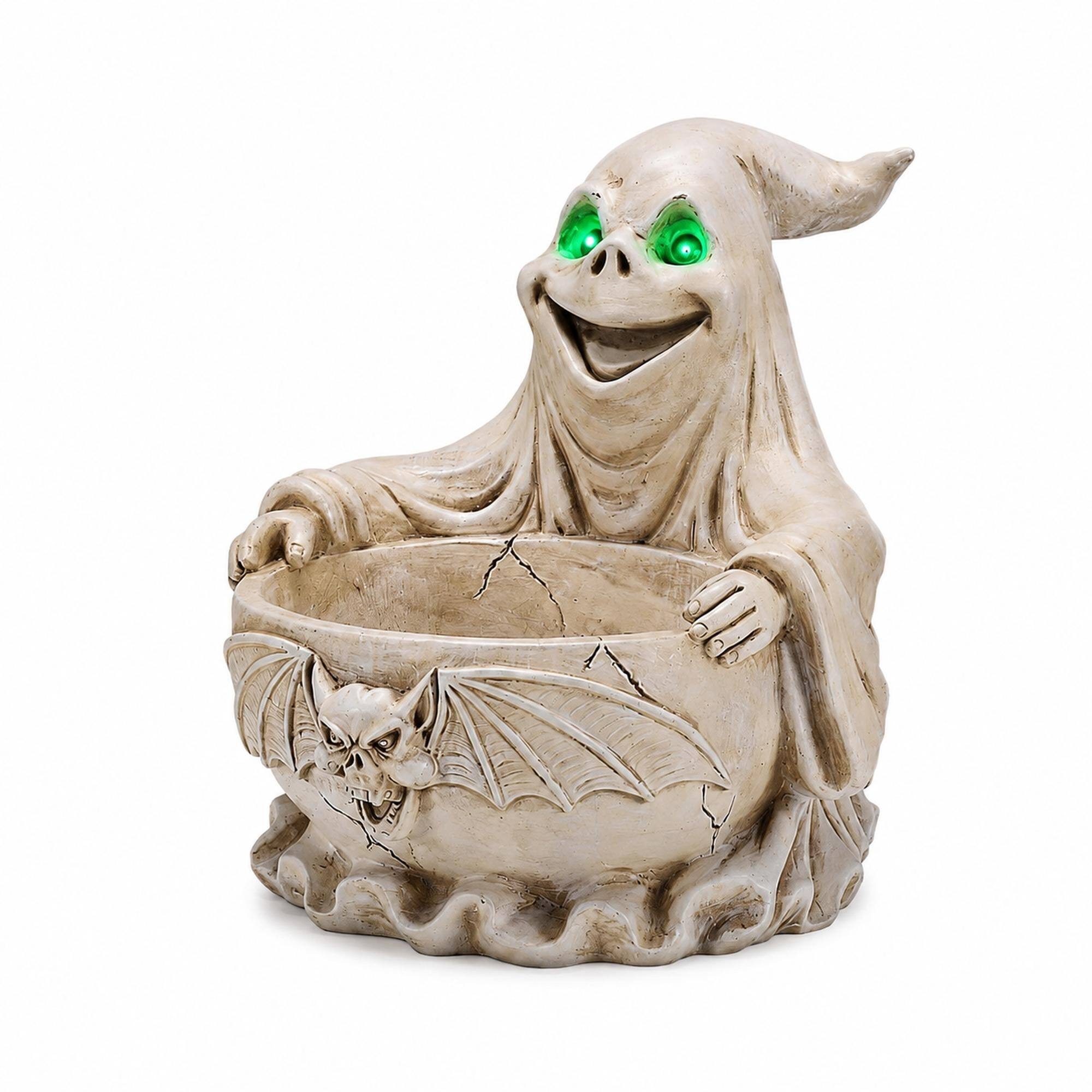 Front. RYHNUYNE - Halloween Ghost Storage Bowl Figurine with LED Glowing Eyes, Spooky Candy Dish and Bat Decor for Party and Home - White.