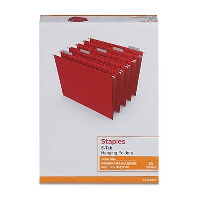 Staples  
5-Tab Hanging Folders  
Letter Size  
Includes Tabs and Inserts  
Red  
10% Recycled  
25 Folders  
ST163535