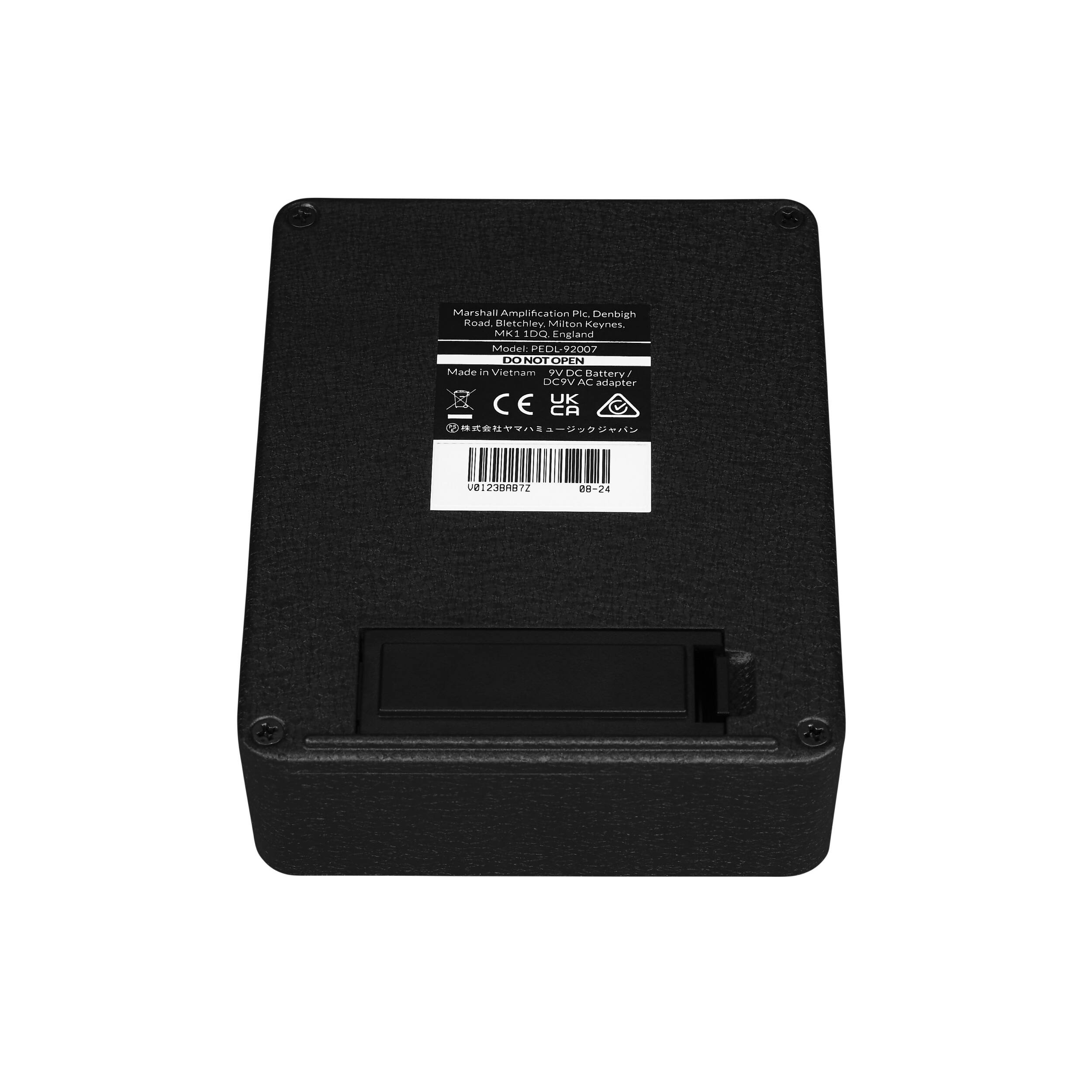 Marshall Amplification P Ltd, Denbigh Road, Denbigh, Milton Keynes, MK11 1DO, England  
Model: PEDL-92007  
DO NOT OPEN  
Made in Vietnam  
DC 9V Battery / DC5V AC Adapter  
CE  
V81239872  
BB-24