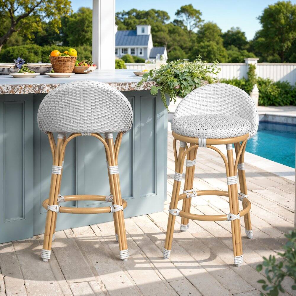 Alt View 2. Butler Specialty - Tobias 24.5 in. Seat Height Outdoor Rattan and Metal Low Back Counter Stool - White And Sky Blue Dot.