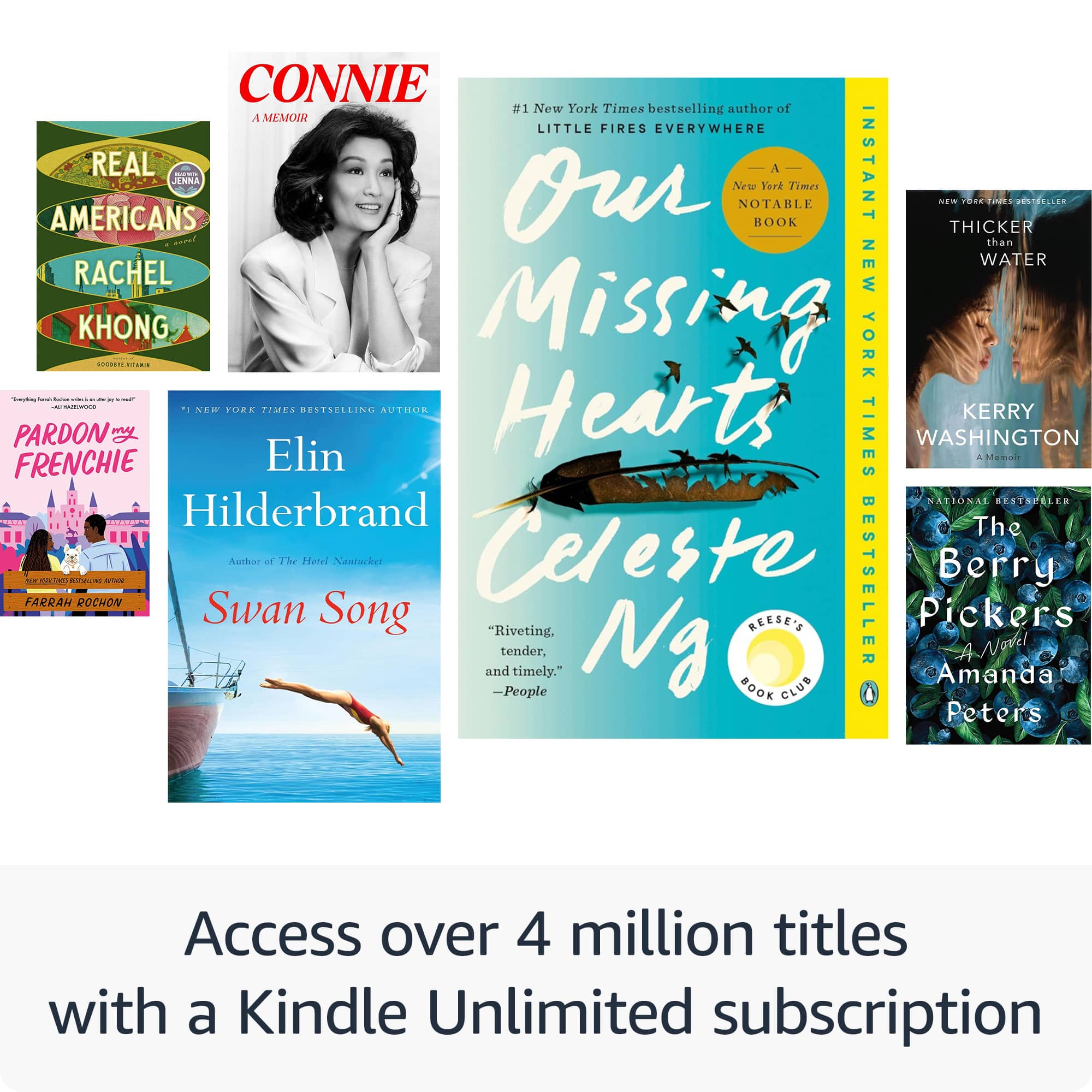 The image features a collection of books by various authors, including Connie, Elin Hilderbrand, Kerry Pardon, and Berry. The books are displayed in a visually appealing manner, showcasing their covers and titles. The image also highlights the fact that these books are available with a Kindle Unlimited subscription, providing access to over 4 million titles. This suggests that the books are part of an e-book library, offering readers a wide range of reading options.
