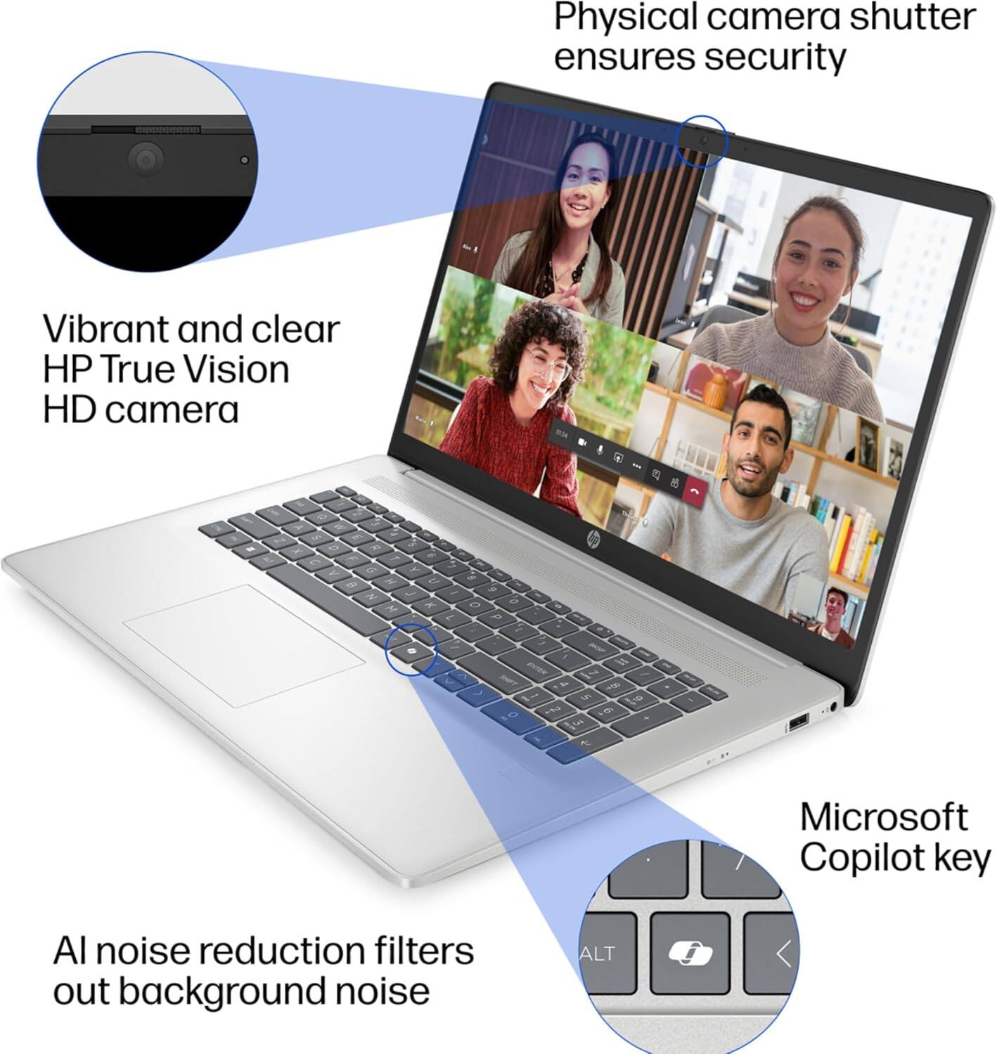 Physical camera shutter ensures security

Vibrant and clear HP True Vision HD camera

AI noise reduction filters out background noise

Microsoft Copilot key