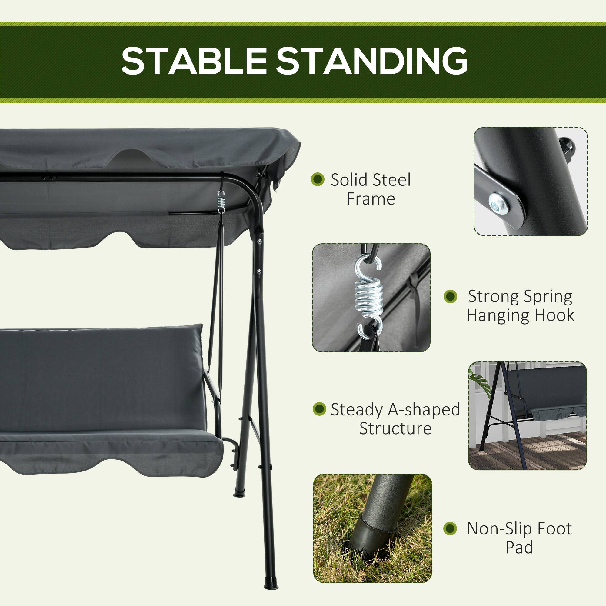 The text in the image can be grouped and corrected as follows:

- **Stable Standing**
- **Solid Steel Frame**
- **Strong Spring Hanging Hook**
- **Steady A-shaped Structure**
- **Non-Slip Foot Pad**