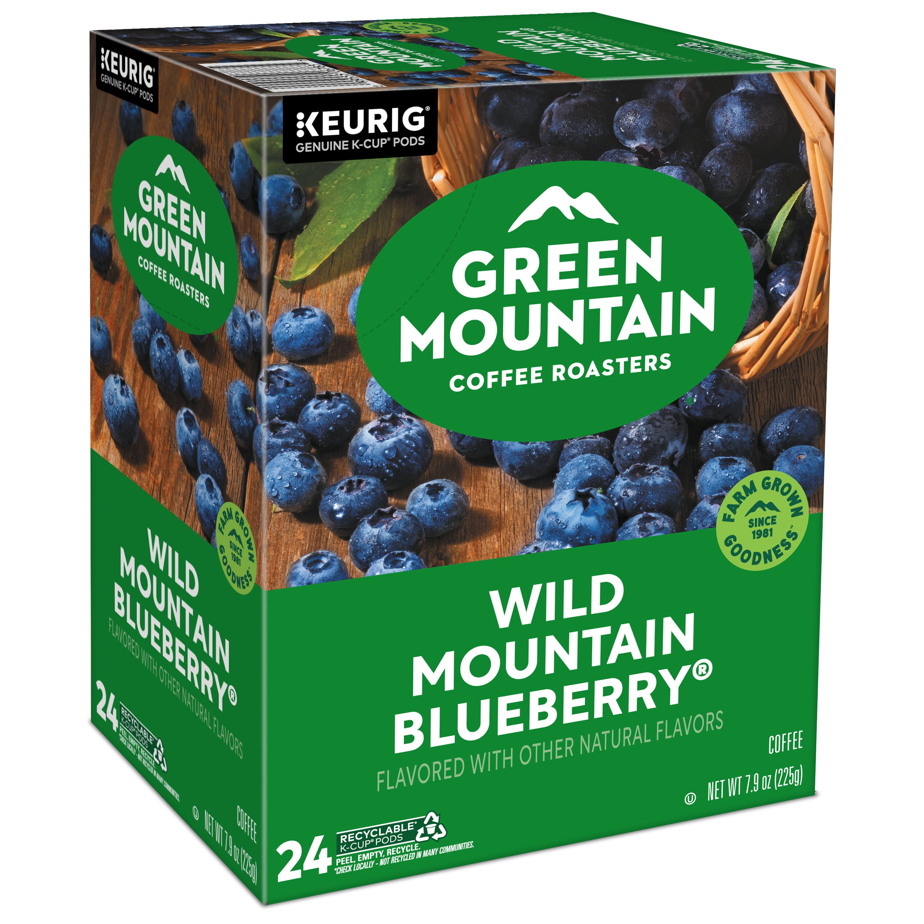 Sure, here is the corrected and grouped text from the image:
---
**KEURIG**
GENUINE K-CUP PODS
**GREEN MOUNTAIN COFFEE ROASTERS**
**WILD MOUNTAIN BLUEBERRY**
FLAVORED WITH OTHER NATURAL FLAVORS
**24**
COFFEE
**NET WT 7.9 OZ (225g)**
**FARM GROWN GOODNESS**
SINCE 1981
**RECYCLABLE**
PEEL EMPTY.
RECYCLE IN MOST CURBSIDE PROGRAMS.
**KEURIG**
GENUINE K-CUP PODS
**GREEN MOUNTAIN COFFEE ROASTERS**
**WILD MOUNTAIN BLUEBERRY**
FLAVORED WITH OTHER NATURAL FLAVORS
**24**
COFFEE
**NET WT 7.9 OZ (225g)**
**FARM GROWN GOODNESS**
SINCE 1981
**RECYCLABLE**
PEEL EMPTY.
RECYCLE IN MOST CURBSIDE PROGRAMS.
---