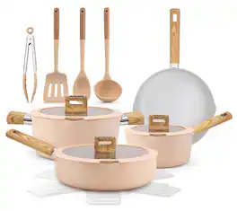 NutriChef - 14-Piece Pots and Pans Set Ceramic Cookware Set w/Ladle, Tongs, Spatula - Pink