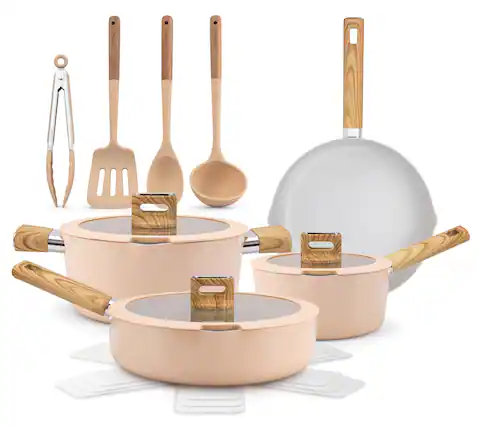 Front. NutriChef - NutriChef 14-Piece Pots and Pans Set Ceramic Cookware Set w/Ladle, Tongs, Spatula (Pink) - Pink.