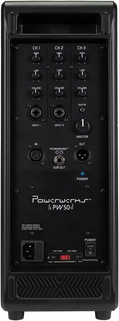 CH 1  
HIGH  
LOW  
VOLUME  
INPUT 1  

CH 2  
HIGH  
LOW  
VOLUME  
INPUT 2  

CH 3  
HIGH  
LOW  
VOLUME  
AUX IN  

MASTER  
OUT  
SUB OUT  

POWER  

Powerwerks  
PW501  

100-120VAC 5A/60Hz  
220-240VAC 5A/60Hz  
FUSE TYPE: TIAL 250V  

POWER  
100-120V  
220-240V  

Patent Pending