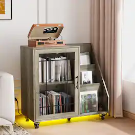 Winado - Record Player Stand Mid-Century Album Storage Table with LED Light up to 300 Albums with Power Outlet for Living Room - Gray