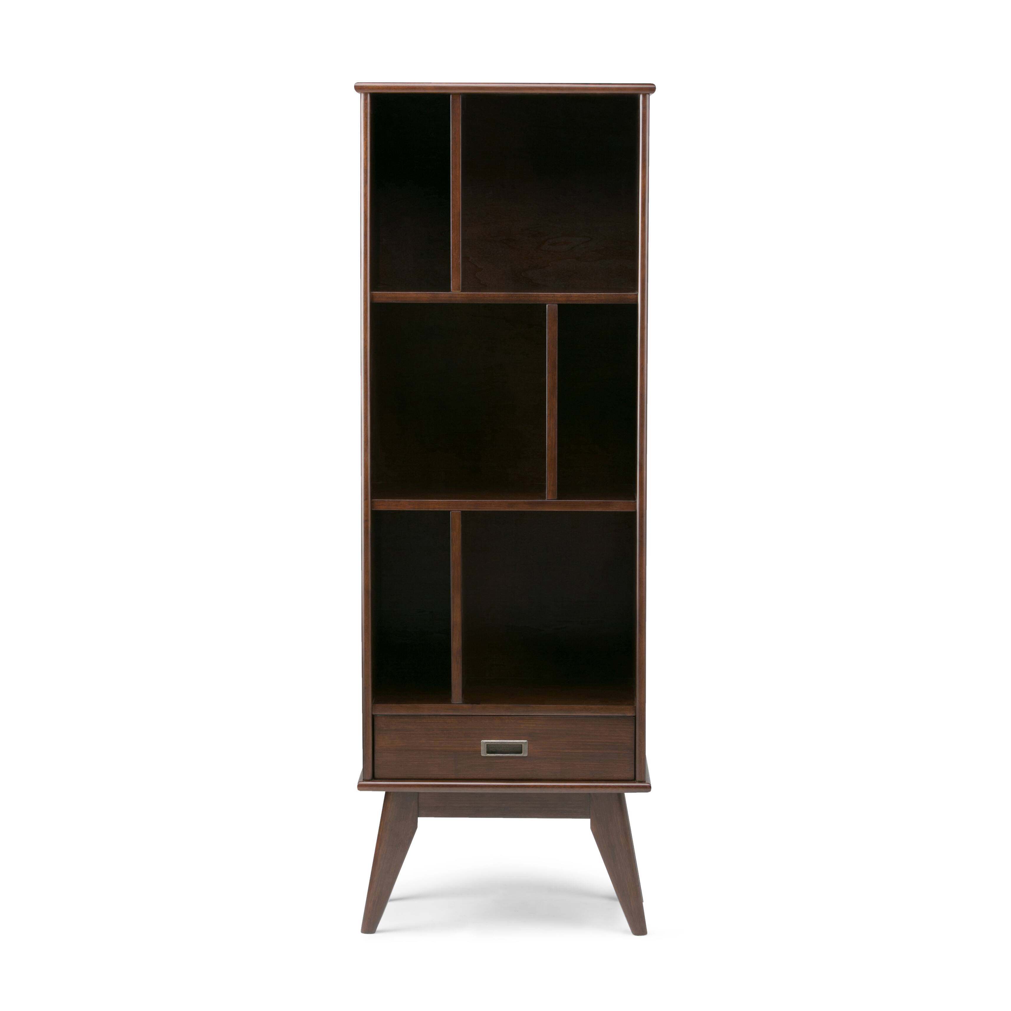 Left. Simpli Home - Draper Mid-Century Modern Solid Hardwood 6-Shelf 1-Drawer Bookcase - Medium Auburn Brown.
