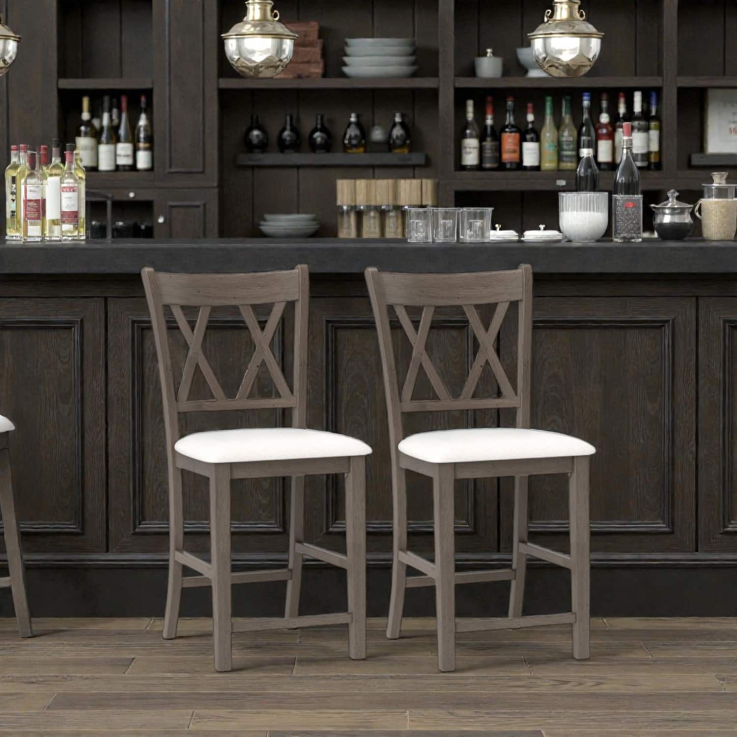 Hivvago - Set of 2 Bar Stools with Crossback Design and Linen Upholstered Seats - Beige