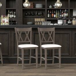 Hivvago - Set of 2 Bar Stools with Crossback Design and Linen Upholstered Seats - Beige