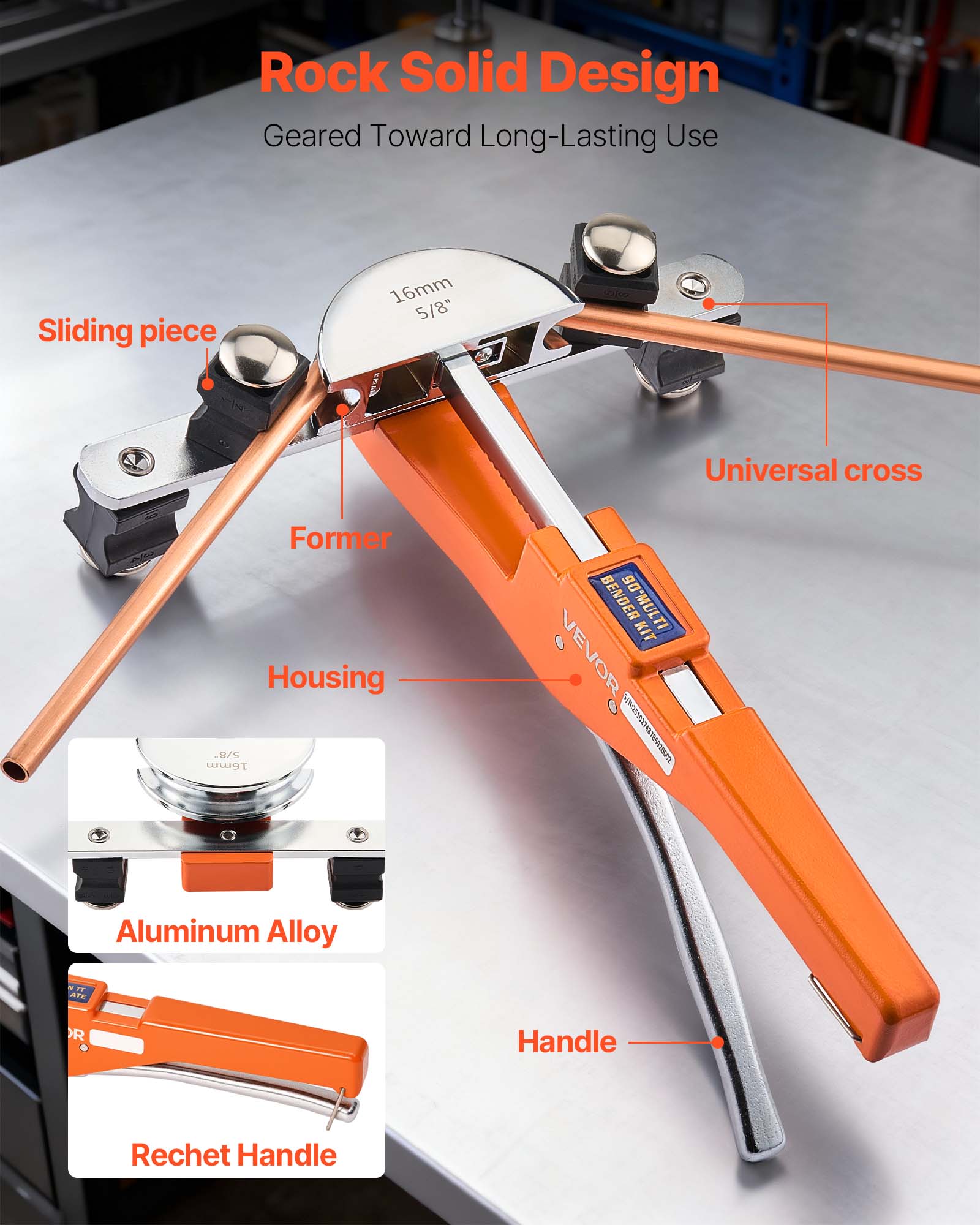 Rock Solid Design  
Geared Toward Long-Lasting Use  

Sliding piece 16mm 5/8"  
Universal cross  
Former  
Housing  
Aluminum Alloy  
Handle  
Ratchet Handle