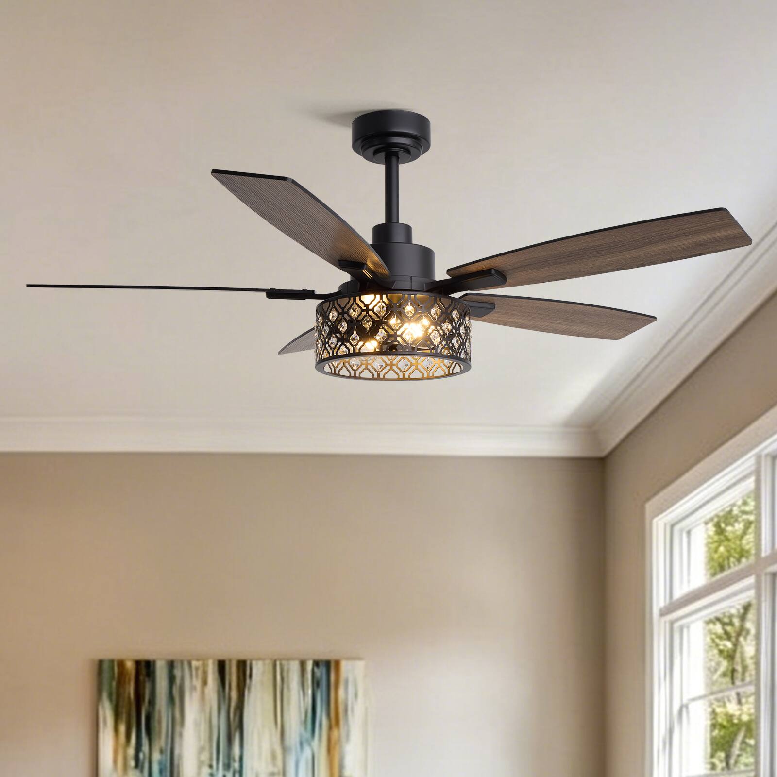 Angle. Siljoy - 52-inch Modern Matte Black Crystal Ceiling Fan Light Remote APP Control Suitable for Bedroom Living Room - Matte Black.
