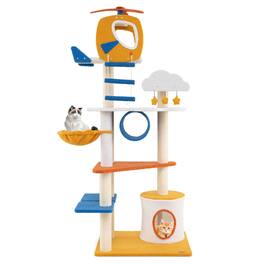 Gymax - 70'' Tall Aviation-themed Cat Tree w/ Helicopter Top Perch Platforms Basket Bed