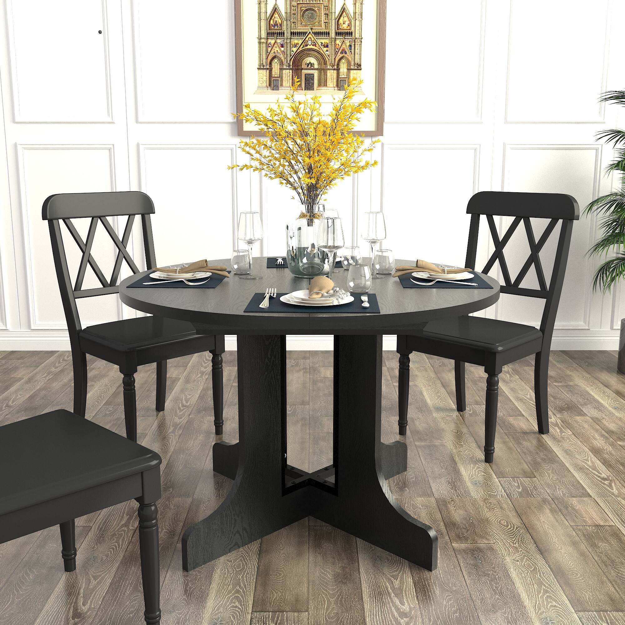 Alt View 4. Tiramisubest - Dining Table for Farmhouse Kitchen 59x43 Inch Expandable Oval Table Top with Removable Leaf Trestle X Shaped Base,Black - Black.