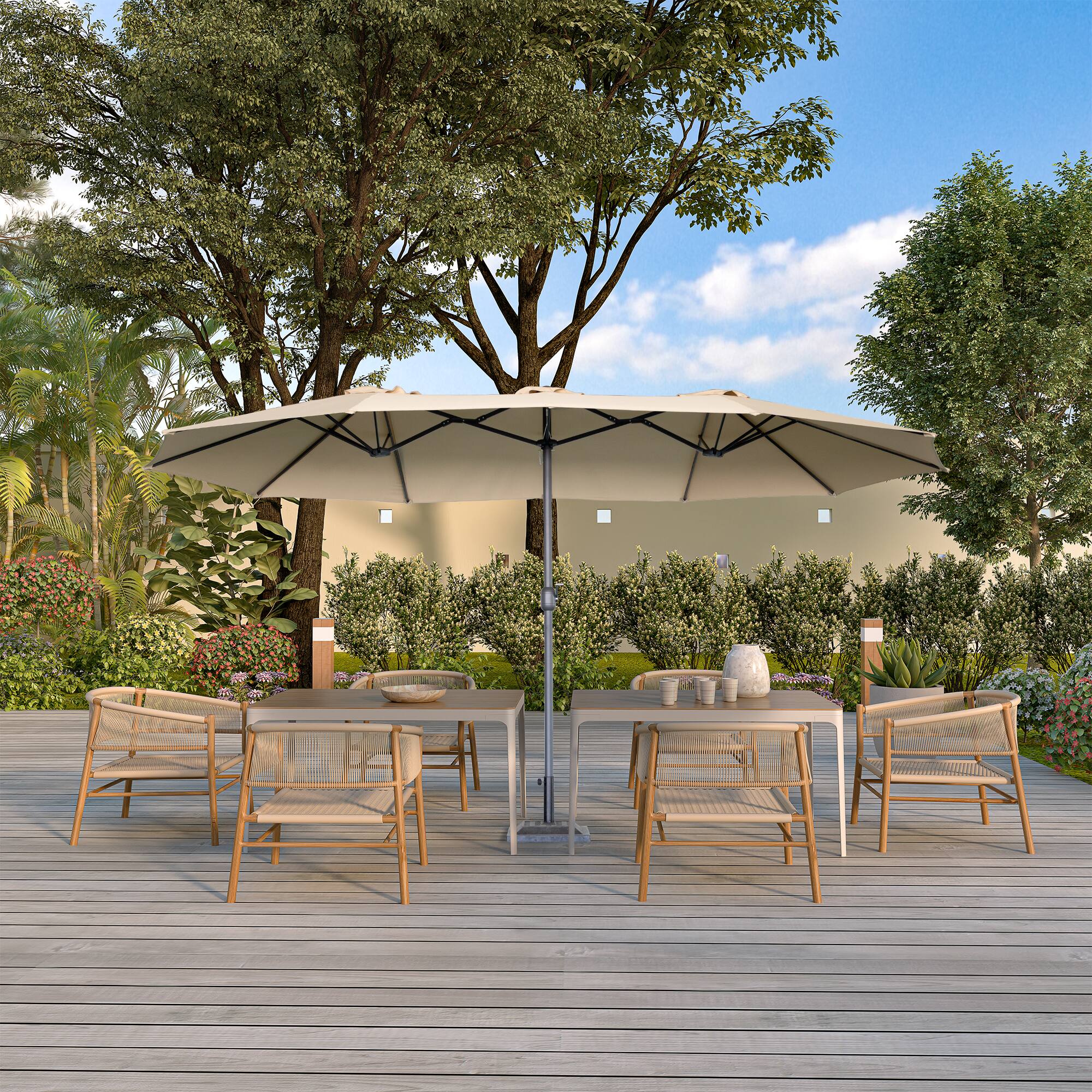 Angle. Mondawe - Double-Sided Rectangular Outdoor Twin Patio Market Umbrella - Khaki.