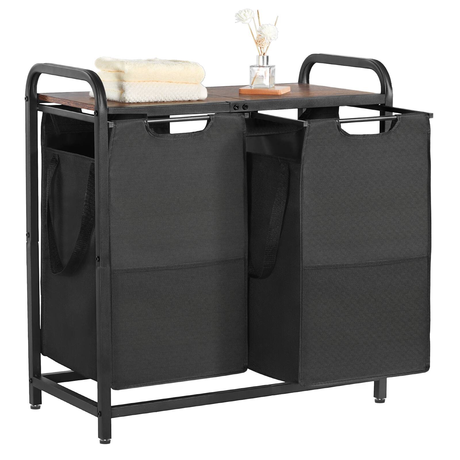 VEVOR - 2Section Laundry Sorter,Large Laundry Hamper with Metal Frame and Wooden Tabletop,Freestanding Storage Organizer Baskets - Black, Brown