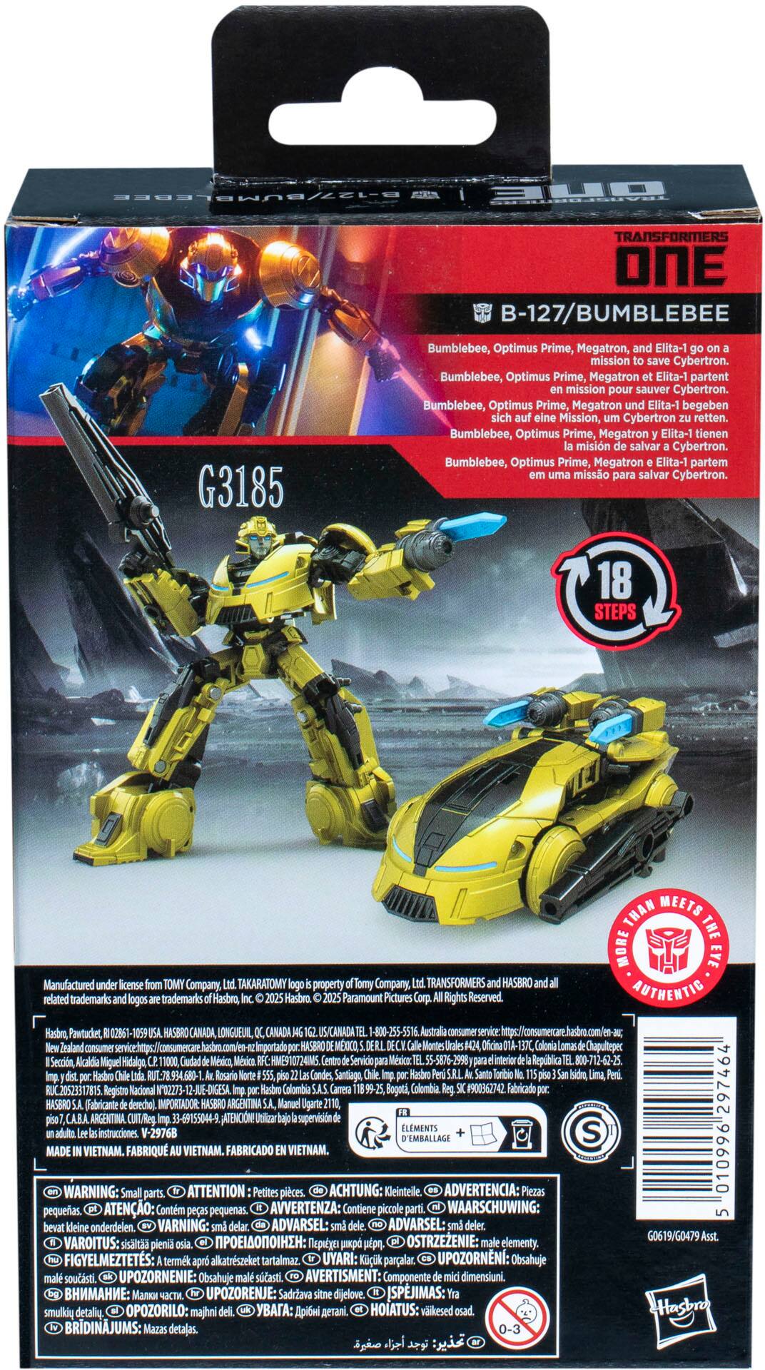 The text on the image reads:

"Bumblebee, Optimus Prime, Megatron, Elita-1 partent mission sauver Cybertron. Bumblebee, Optimus Prime, Megatron Elita-1 partem misso salvar Cybertron. 18 STEPS Manufactured license related trademarks Company TAKARATOMY property Company, TRANSFORMERS HASBRO trademarks Hasbro, Hasbro. Paramount Pictures Rights Reserved THAN MEETS THE MORE EYE AUTHENTIC Hasbro, Pawtucket, HASBRO CANADA, LONGUEUIL, CANADA S/CANADA -800-255-5516 Australia Zealand Import HASBRO MXCO Oficina Seacin, Alcaldia Miguel Hidaliga Mxico, HME910724IMS. Servicio Msicoc: Repblica RUT-78.934.680-1 Condes, Santiago RUC20523317815. Registro Nacional 02273-12-JU Colombia Bogota, Calombia. #900362742 Fabricado HASBRO (Fabricado en Mexico) Hasbro, Pawtucket, HASBRO CANADA, LONGUEUIL, CANADA S/CANADA -800-255-5516 Australia Zealand Import HASBRO MXCO Oficina Seacin, Alcaldia Miguel Hidaliga Mxico, HME910724IMS. Servicio Msicoc: Repblica RUT-78.934.680-1 Condes, Santiago RUC20523317815. Registro Nacional 02273-12-JU Colombia Bogota, Calombia. #900362742 Fabricado HASBRO (Fabricado en Mexico) Hasbro, Pawtucket, HASBRO CANADA, LONGUEUIL, CANADA S/CANADA -800-2