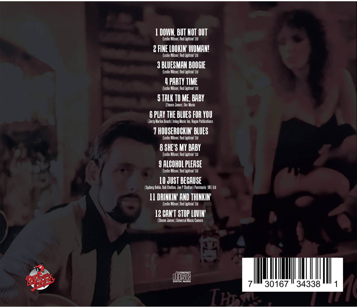 1. I DOWN, BUT NOT OUT  
   (Leslie Wilson Red Lightning Ltd)

2. FINE LOOKIN' WOMAN!  
   (Leslie Wilson Red Lightning Ltd)

3. BLUESMAN BOOGIE  
   (Leslie Wilson Red Lightning Ltd)

4. PARTY TIME  
   (Leslie Wilson Red Lightning Ltd)

5. TALK TO ME, BABY  
   (Elmore James) Arc Music

6. PLAY THE BLUES FOR YOU  
   (Jerry Marlon Beach) Irving Music, Roger Publications

7. HOUSEROCKIN' BLUES  
   (Leslie Wilson Red Lightning Ltd)

8. SHE'S MY BABY  
   (Leslie Wilson Red Lightning Ltd)

9. ALCOHOL PLEASE  
   (Leslie Wilson Red Lightning Ltd)

10. JUST BECAUSE  
    (Sydney Rabin, Bob Shelton, Joe Shelton) Peermusic (NY) Ltd

11. DRINKIN' AND THINKIN'  
    (Leslie Wilson Red Lightning Ltd)

12. CAN'T STOP LOVIN'  
    (Elmore James) Universal Music Careers

---

Red Lightning  
digital