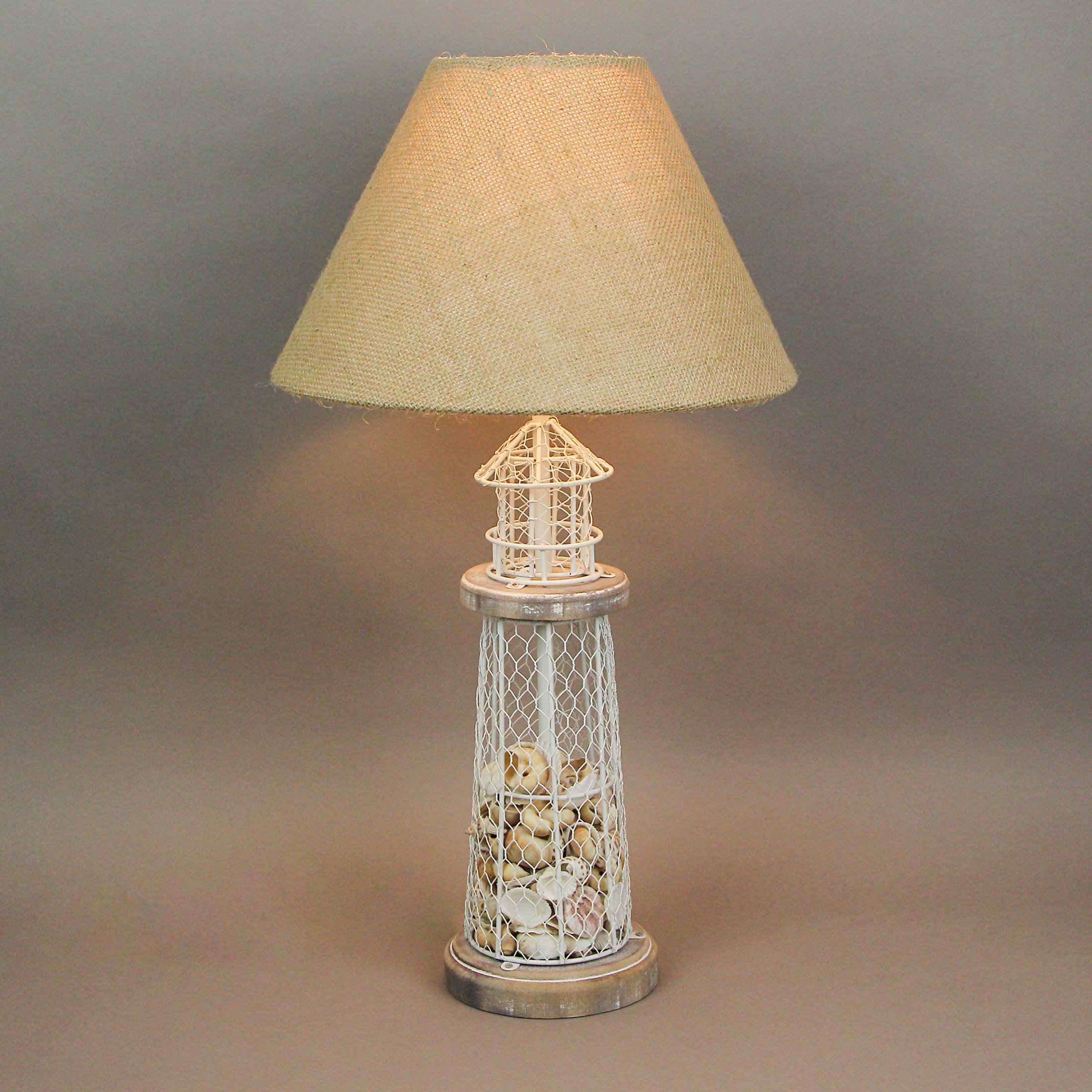 Alt View 1. Zeckos - White and Grey Metal Real Seashell Lighthouse Table Lamp with Burlap Shade - White.