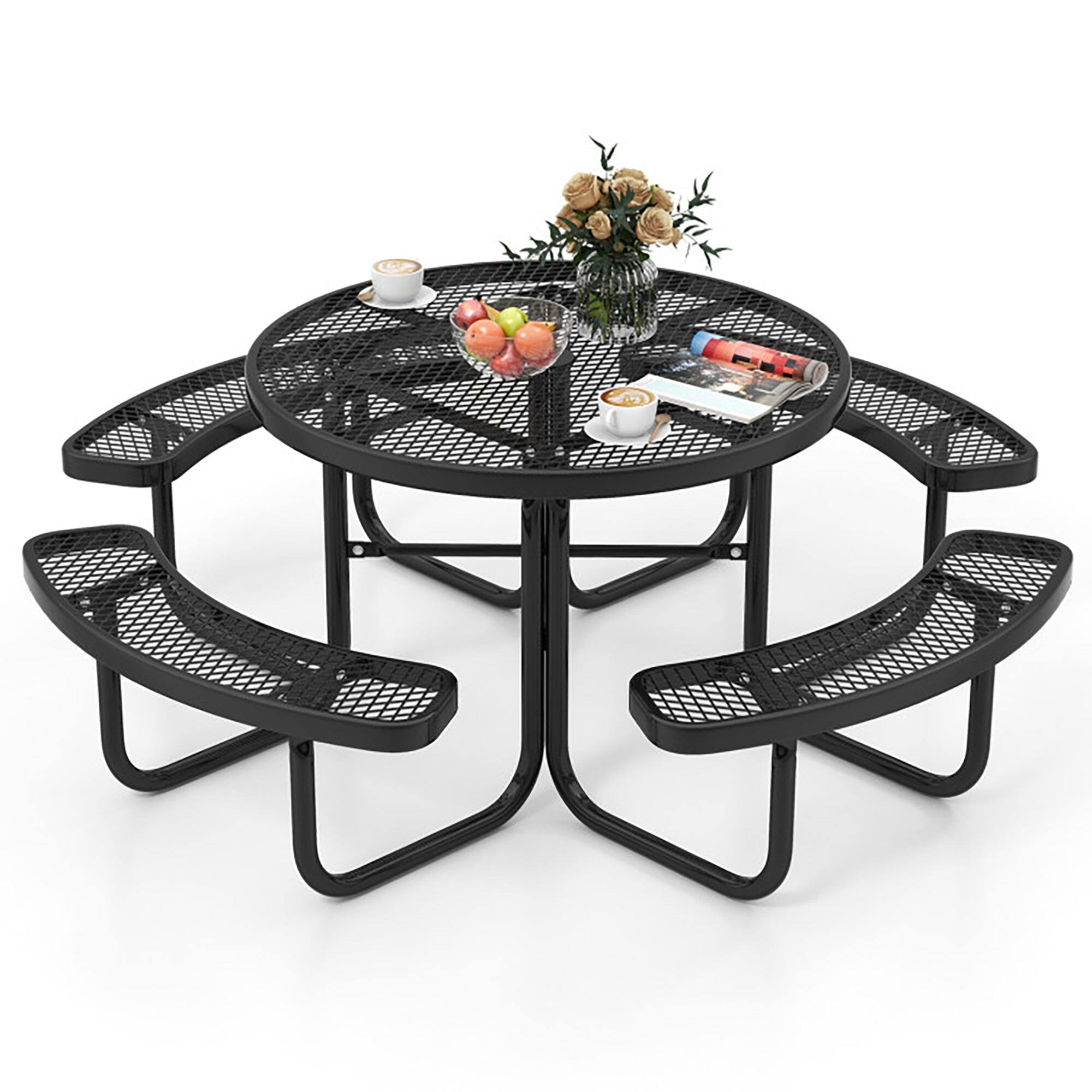 Front. Boyel Living - 45 Inches Outdoor Round Picnic Table and Bench Set for 8 with Umbrella Hole - Black.