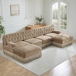 Anysun - 4-Seat Cloud Modular Sectional with 2 Ottomans - Tassel Skirt, Button Tufted, Foam Cushions & Wood Base - Camel