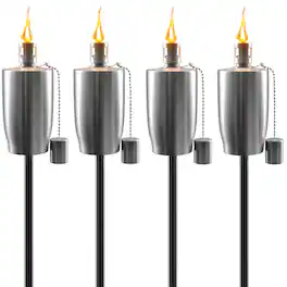Sorbus - Matney Stainless Steel Outdoor Torches Decorative Garden Yard Lights 5 ft Oil Lamp Citronella, Lawn, Backyard Parties - Silver 4 Pack