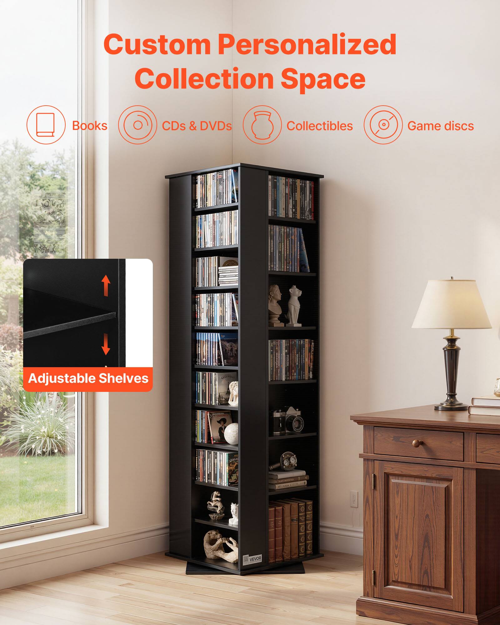 Custom Personalized Collection Space  
Books  
CDs & DVDs  
Collectibles  
Game discs  
Adjustable Shelves