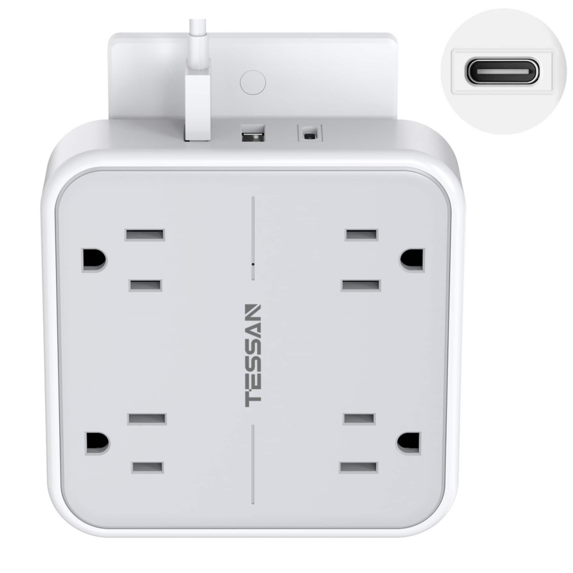 TESSAN - Multi Plug Wall Outlet Extender 4-Outlet with 3 USB Ports (1 USB-C)-White/Grey - Grey White