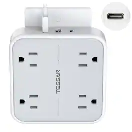 TESSAN - Multi Plug Wall Outlet Extender 4-Outlet with 3 USB Ports (1 USB-C)-White/Grey - Grey White
