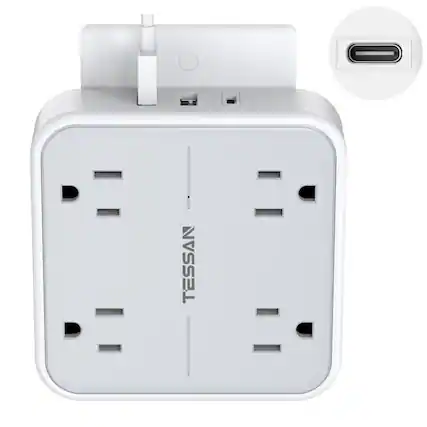 Front. TESSAN - Wall Tap Outlet Extender 4 Outlet Splitter 3 USB Ports (2 USB C) Wide Spaced Expander Surge Protector - Gray & White.