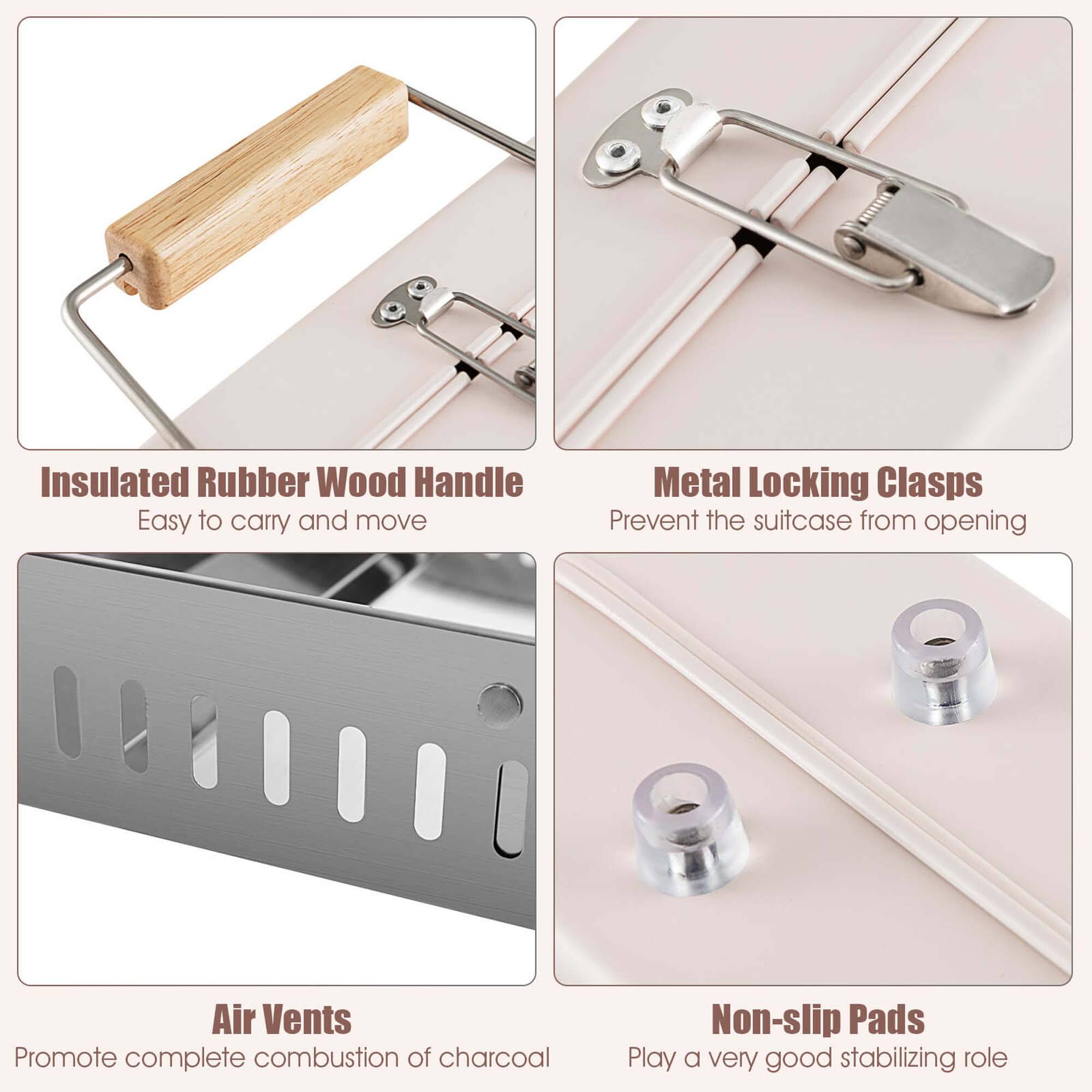Insulated Rubber Wood Handle Easy to carry and move Metal Locking Clasps Prevent the suitcase from opening Air Vents Promote complete combustion of charcoal Non-slip Pads Play a very good stabilizing role