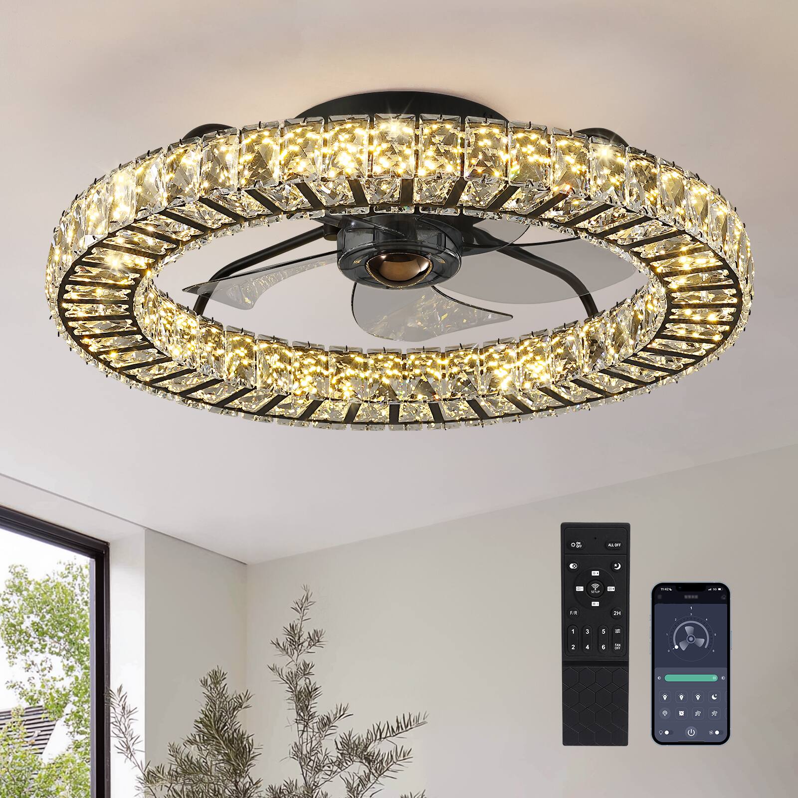 Angle. Siljoy - 22 Inch Black Crystal Ceiling Fan with Light, Dimmable LED Low Profile Flush Mount Fan with Remote for Bedroom - BLACK.