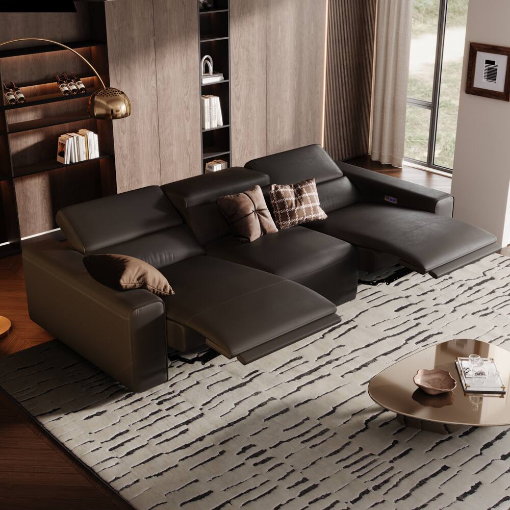 Angle. POVISON - 108.65" Leather Power Reclining Sofa Modular Recliner Couch,Power Outlet, Adjustable Headrest, Khaki - Black Sustainable Leather.