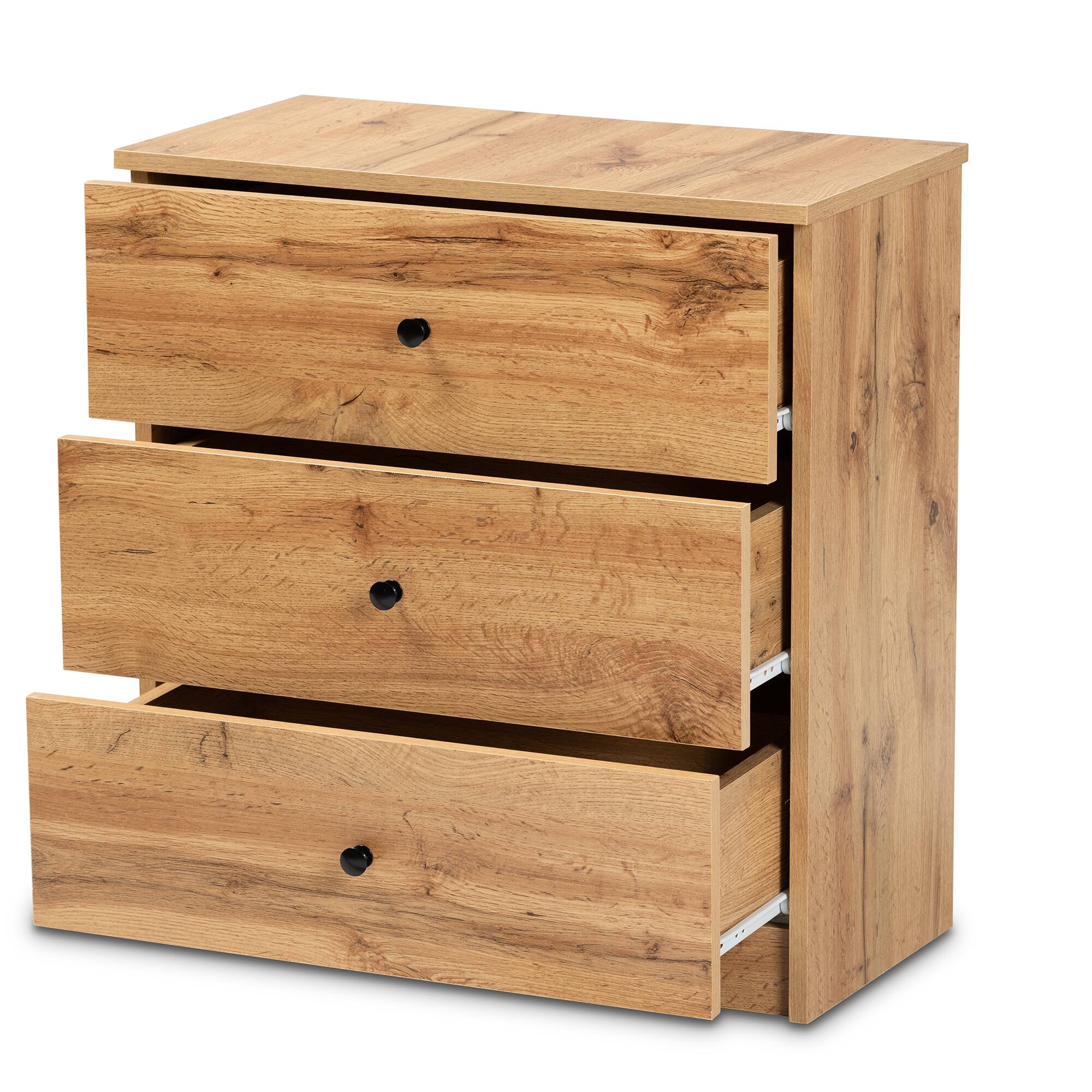 Angle. Baxton Studio - Decon Modern and Contemporary Finished Wood 3-Drawer Storage Chest - Oak Brown.