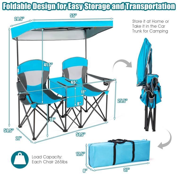 Foldable Design for Easy Storage and Transportation

- 55" (width)
- 28.5" (height)
- 41.5" (seat height)
- 65" (overall height)
- 11" (seat depth)
- 8" (seat width)
- 25.5" (legroom)
- 59.5" (length)
- 21" (width)
- 51.5" (folded length)
- 12.5" (folded width)
- 8" (folded height)
- 37" (folded width)

Store it at Home or Take it in the Car Trunk for Camping

Load Capacity: Each Chair 265lbs