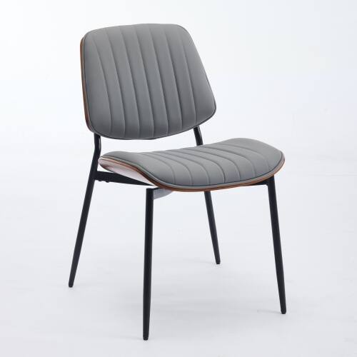 Left. LUCKY ONE - Assembled Mid Century Dining Chair Set of 2 Faux Leather with Walnut Bentwood Back Metal Legs - Gray Pu.