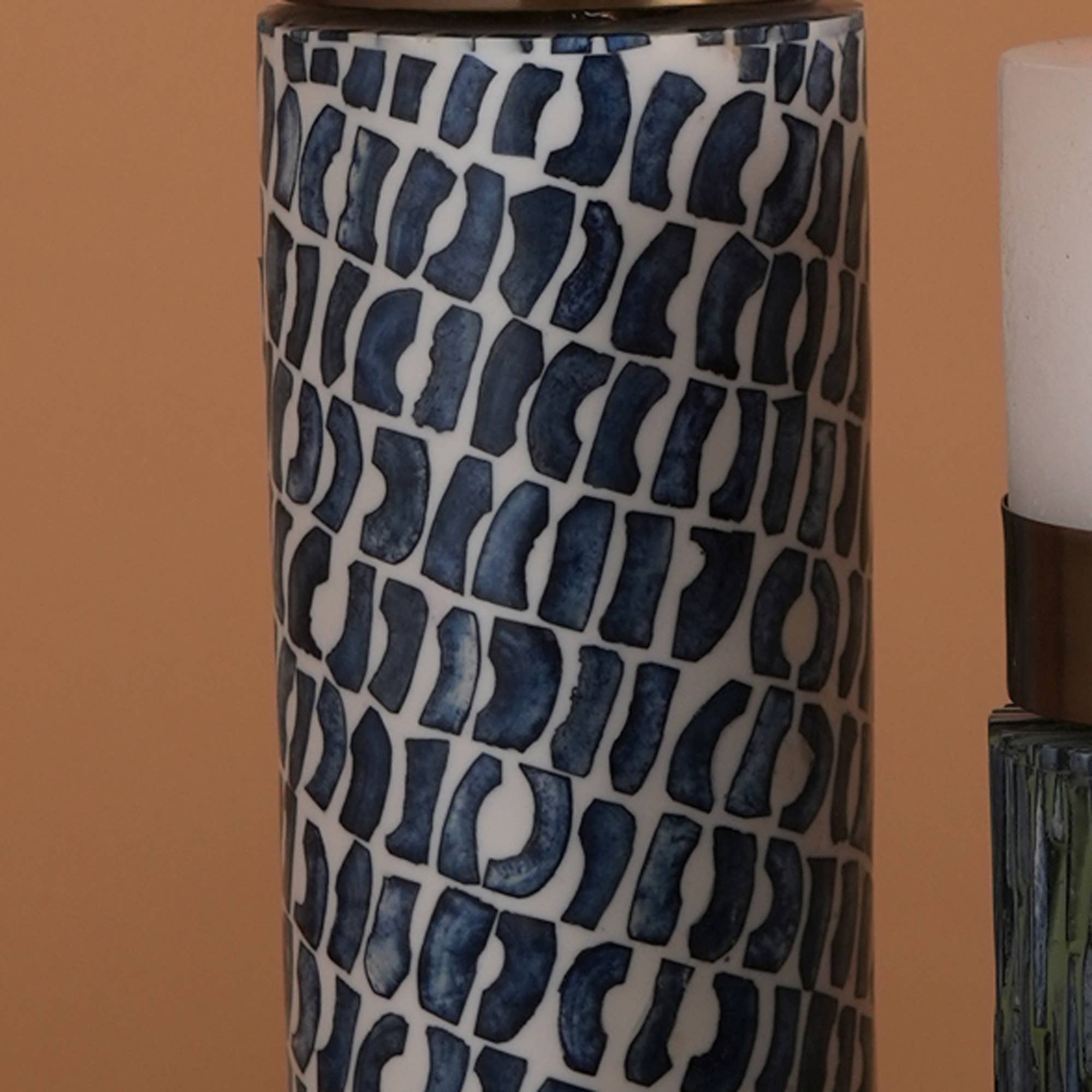 Left. TinyHomie - Elegant Handcrafted Candle Stand Blue Bone White Resin Inlay Brass Top 4X155.