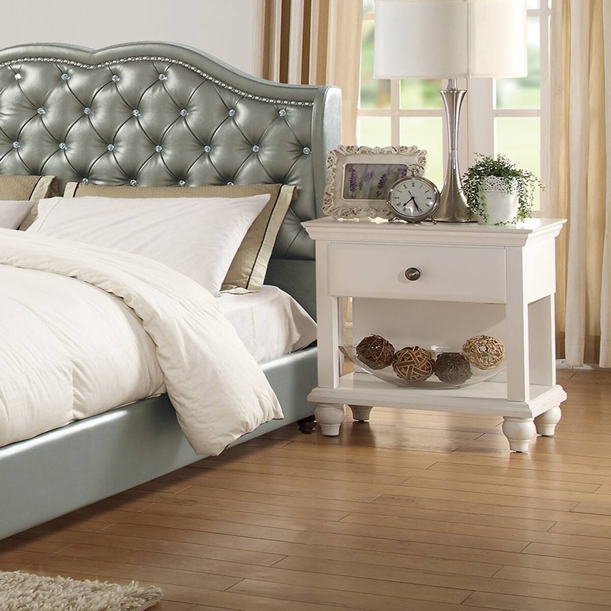 Alt View 3. Loheer - Loheer White Bedroom Nightstand with One Drawer and Open Shelf, 26 Inch Tall Wooden Bedside Table - White.