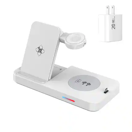 Front. RISOKEYS - 4-in-1 Wireless Charger - Phone Stand for Samsung Watch, Phone, and Earphones, Foldable Watch Charging Station - White.