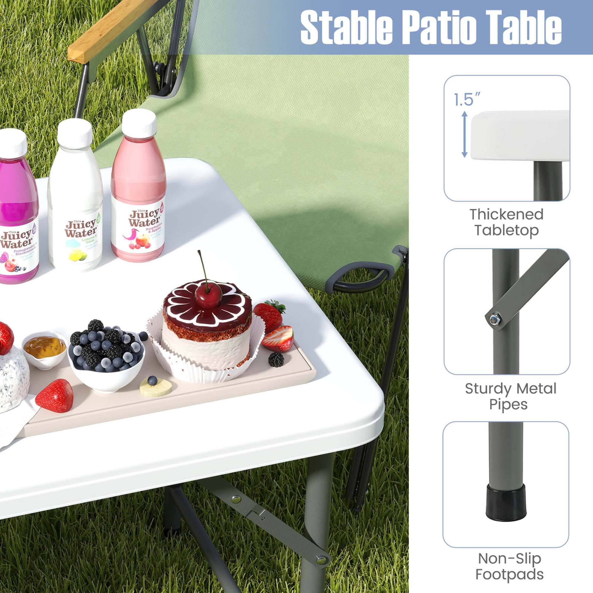 Stable Patio Table

1.5" Thickened Tabletop

Sturdy Metal Pipes

Non-Slip Footpads