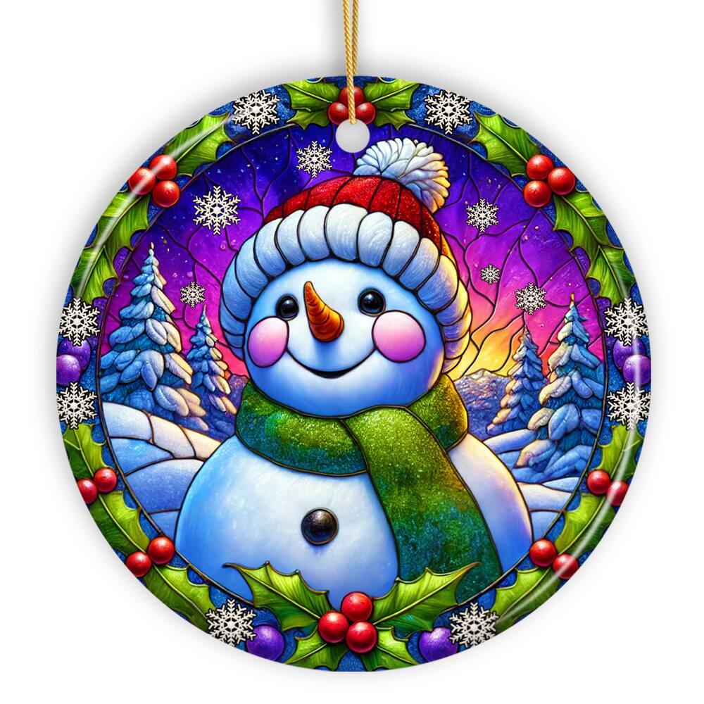 Front. OrnamentallyYou - Snowman with Holly Stained Glass Style Ceramic Ornament Christmas Gift and Decor - Multi-colored.