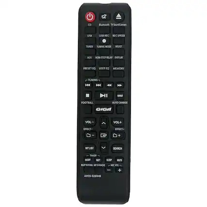 Sure, here is the corrected and grouped text from the image:
- **Top Section:**
- CD
- Bluetooth
- TV SoundConnect
- USB
- USB REC
- REC SPEED
- TUNER
- TUNING MODE
- MO/ST
- AUX
- NON-STOP RELAY
- DISPLAY
- PRESET EQ
- USER EQ
- MEMORY
- TUNING
- FOOTBALL
- AUTO CHANGE
- **Middle Section:**
- VOL-
- EFFECT-
- MY LIST
- TIMER
- ON/OFF
- SET
- SLEEP
- DELETE
- BEAT WAVING
- MY KARAOKE
- MIC VOL-
- VOL+
- EFFECT+
- SEARCH
- SLEEP
- DELETE
- MIC VOL+
- **Bottom Section:**
- AH59-02694B
- **Brand:**
- GIGA