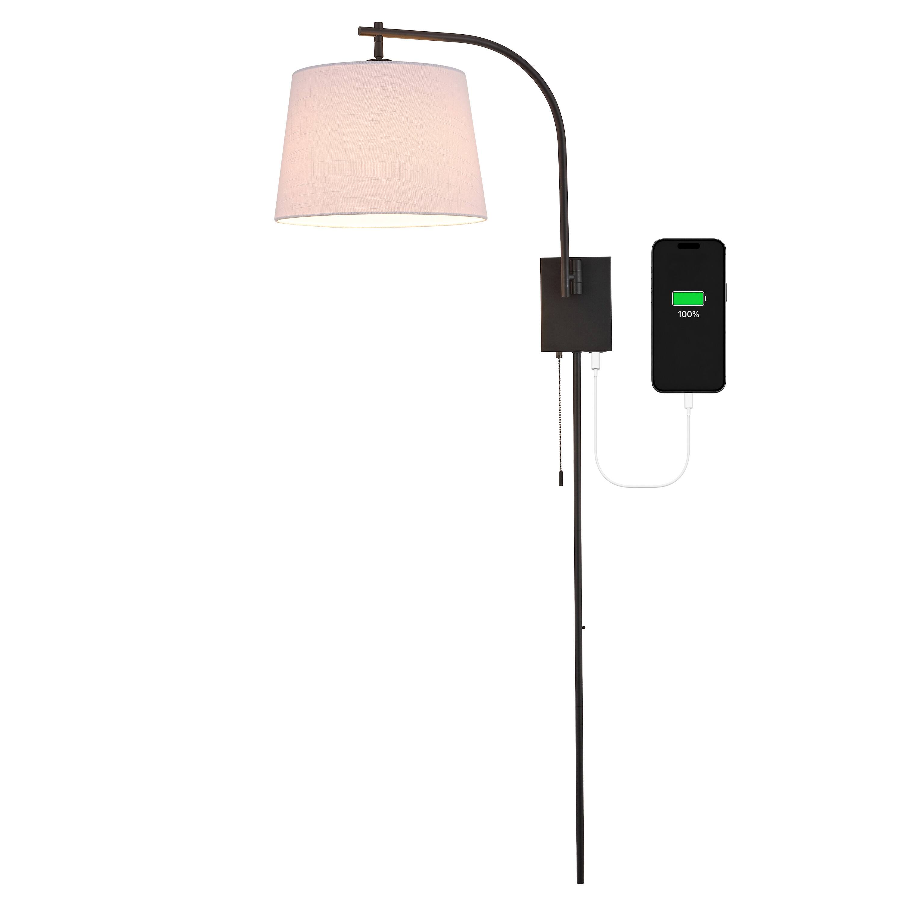 Front. Jonathan Y - Gosling 13" 1-Light Black Adjustable Plug-In or Hardwired Wall Sconce, USB Type A and C Ports, Pull Chain and Cord Cover - Black.