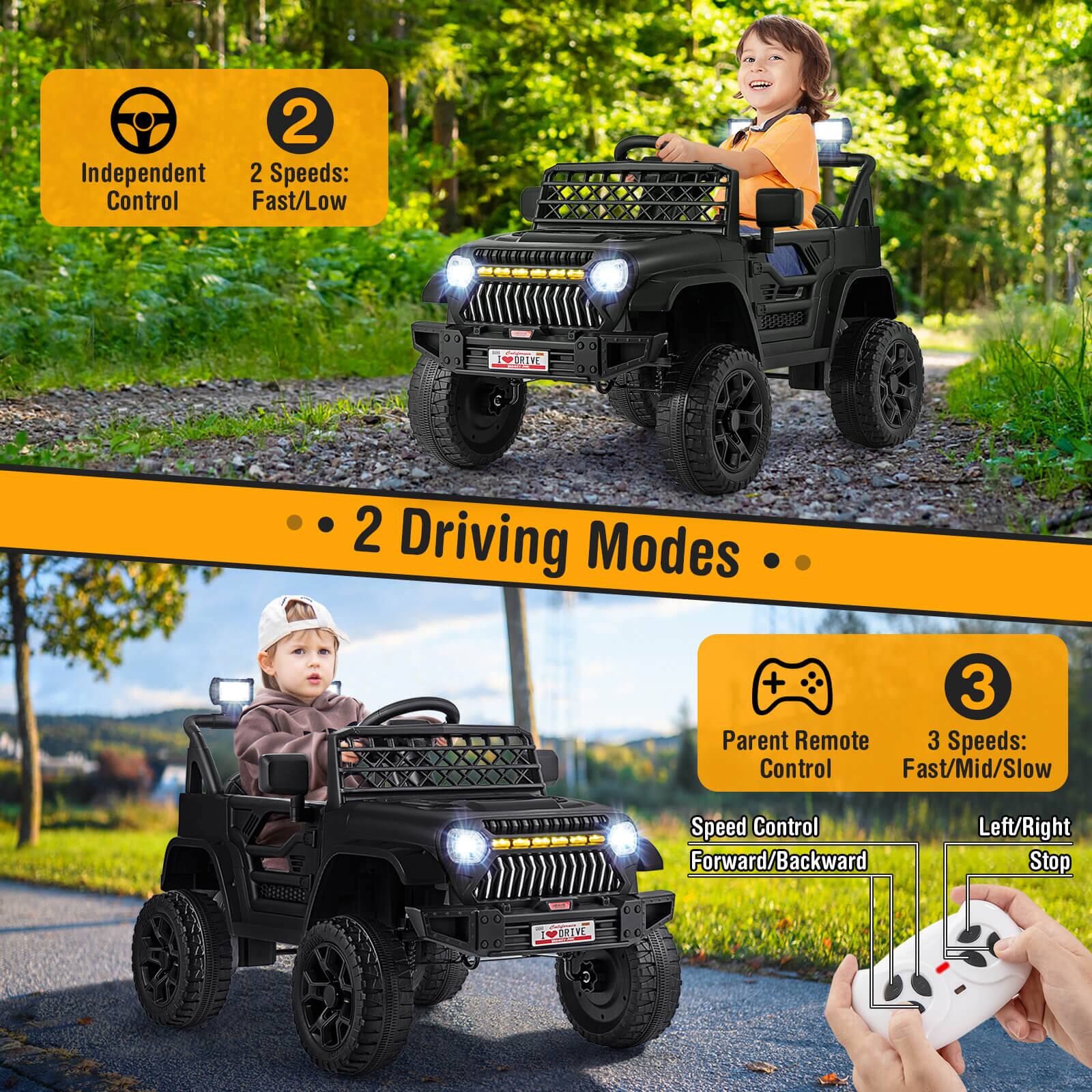 2 Independent Control  
2 Speeds: Fast/Low  

2 Driving Modes  

Parent Remote Control  
3 Speeds: Fast/Mid/Slow  
Speed Control Forward/Backward  
Left/Right Stop