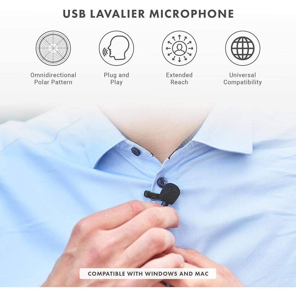 USB Lavalier Microphone

- Omnidirectional Polar Pattern
- Plug and Play
- Extended Reach
- Universal Compatibility

Compatible with Windows and Mac